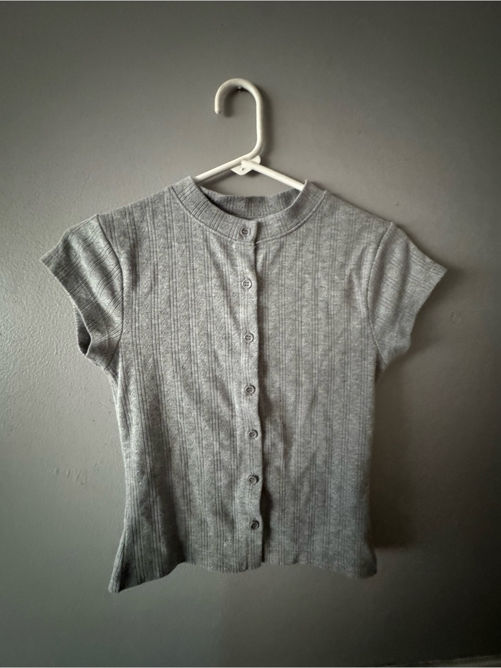 Gray Short-Sleeve Button Front Knit Top
